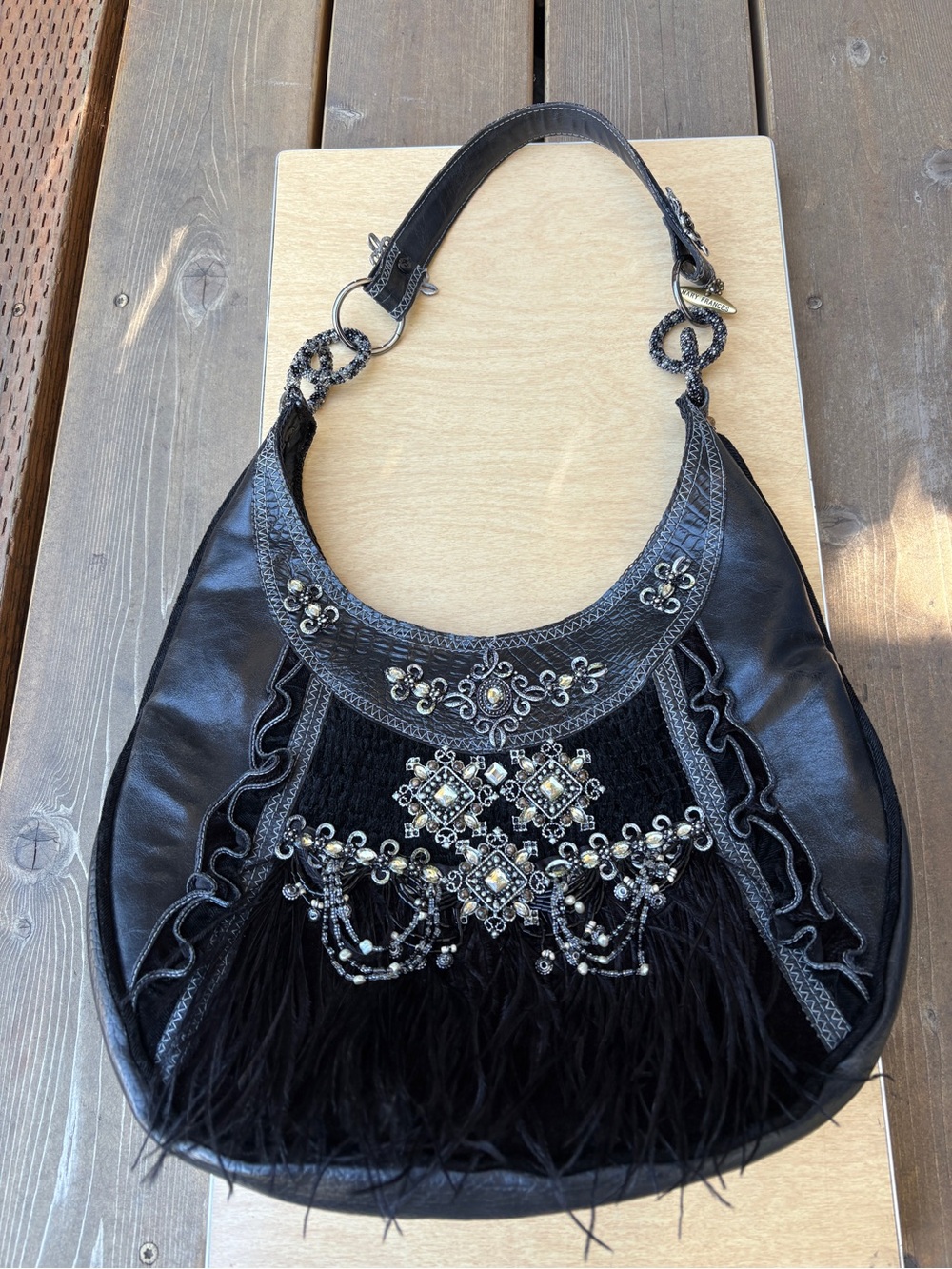 Mary Frances Vintage Black Leather & Velvet Embellished Shoulder Bag